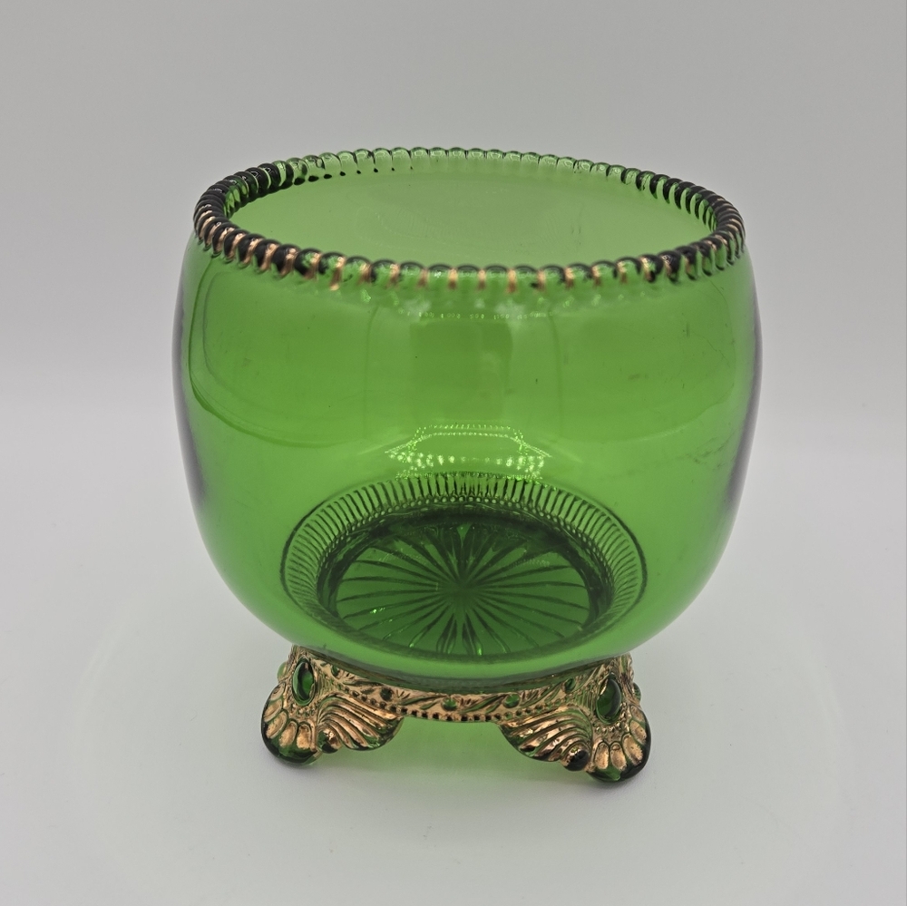 Antique EAPG Colorado Green Glass Co Footed Sugar Bowl Gold Trim & Beaded Rim